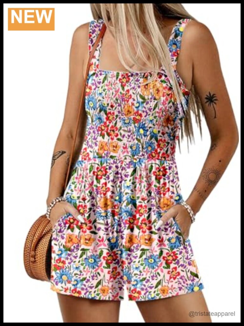 Smocked Romper Square Neck Sleeveless Loose Wide Leg Jumpsuit